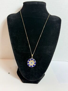 Murano Glass Pendant Necklace Gold Chain Necklace 18” with Blue and Yellow